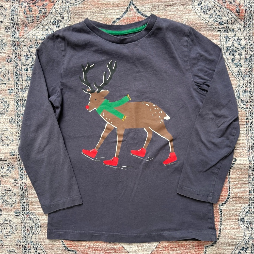 MINI BODEN Navy Blue Boys Ice Skating Reindeer Long Sleeve Shirt - Size 6 - 7 Y